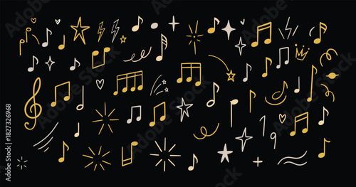 Handwriting golden and silver music notes, keys, symbols, sheet, treble clef drawing on the black chalkboard. Luxury musical festival, karaoke,colorful vector black background