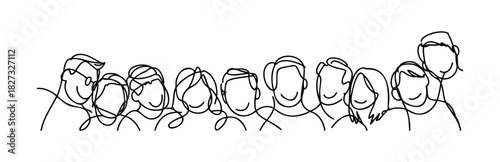 Continuous line drawing of a diverse group of smiling people standing together, representing unity and friendship, suitable for social campaigns and team building concepts.