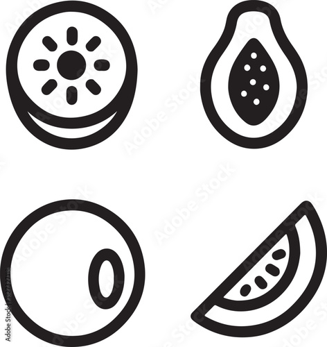 Monoline-inspired fruit silhouette icons with thick strokes and solid fills showing kiwi papaya coconut and mango.