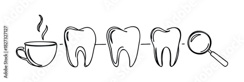 Conceptual arrangement of teeth connected to a steaming coffee cup and magnifying glass suggesting dental health implications of beverages and examinations for clinics or educational