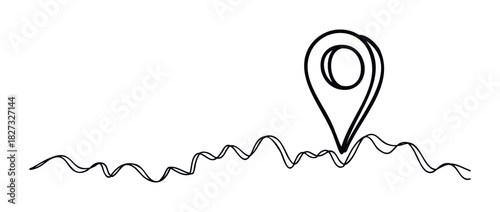 Simple black line art map pin and wavy journey path visualized for navigation, route planning, or location tracking applications.