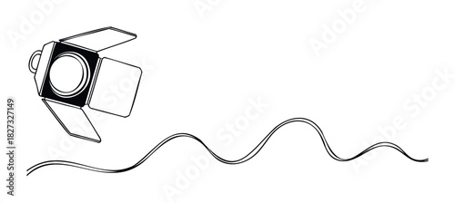 Spotlight with cable and barn doors ready for theatrical production lighting, film set illumination, stage performance setup, and event lighting applications.