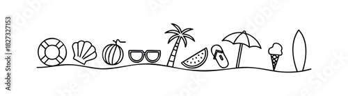 Collection of summer vacation icons including a lifebuoy, shell, fruit, sunglasses, palm tree, watermelon, flip flop, umbrella, ice cream, and surfboard on a wavy line representing the