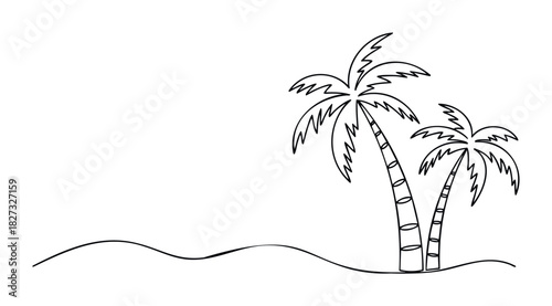 Minimalist black and white line drawing of two palm trees on a sandy beach, perfect for vacation or travel themes and digital projects.