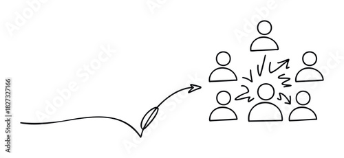 Teamwork communication concept with people figures connected by arrows and communication lines representing collaboration and information flow in business or social networks