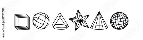 Collection of abstract geometric shapes including a cube, globe, cone, and star for use in graphic projects and branding applications