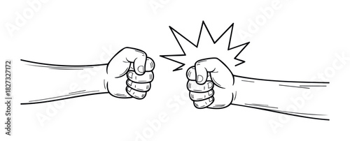 Two fists clashing with impact lines symbolizing conflict or disagreement for use in conflict resolution or competitive themes.