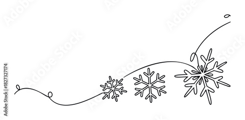 Whimsical hand drawn snowflakes trail gracefully across a minimal composition suggesting a winters journey or festive announcement, perfect for seasonal greetings or decorative accents.