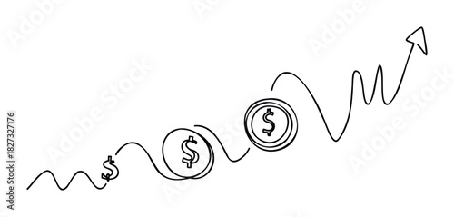 Minimalist line drawing showing upward trend with dollar coins, ideal for financial growth and investment concepts and business presentations.