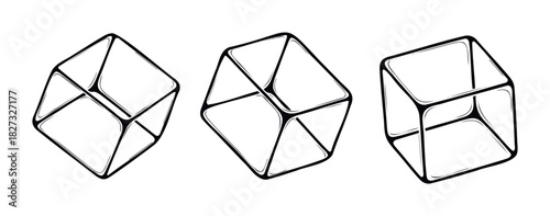 Three abstract geometric cube forms presented in a line with a modern, minimalist, and futuristic aesthetic suitable for graphic overlays and architectural concepts.
