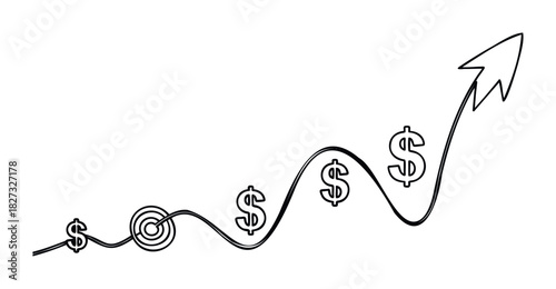 Hand drawn graph showing increasing financial growth with dollar symbols and target goal, representing success and business progress for presentations and reports.