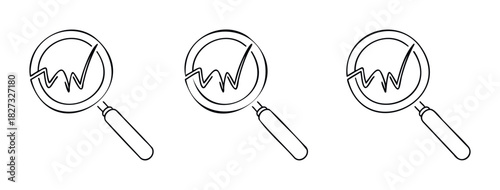 Magnifying glass examines financial chart showing growth and progress, ideal for economic analysis and business reports represented by three identical icons.