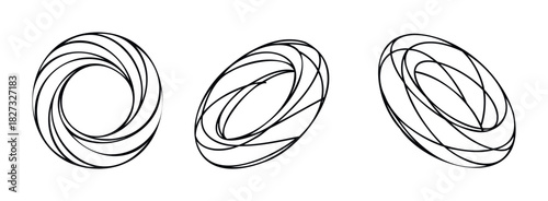 Abstract swirling torus shapes in three different perspectives representing fluid motion and geometric complexity suitable for branding and graphic projects