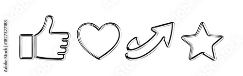 Line art social media icons like thumbs up, heart, arrow, and star, representing feedback and engagement for online platforms and content promotion
