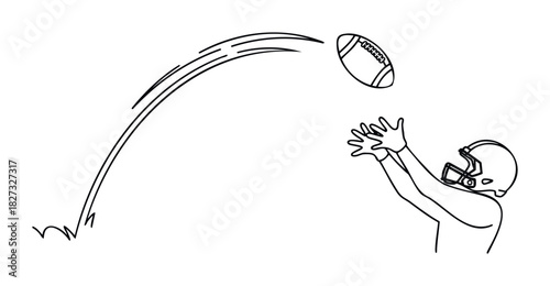 American football player in helmet jumping to catch ball midair with action lines showing trajectory, perfect for sports media and game promotions