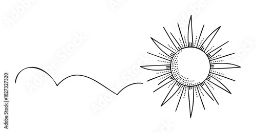 Whimsical sun with radiating lines and dots, combined with wavy lines suggesting movement or landscape for graphic content and abstract presentations.