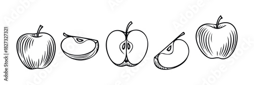 Collection of simplified black and white line drawings of whole and sliced apples with a stem, perfect for food related concepts and healthy eating promotion.
