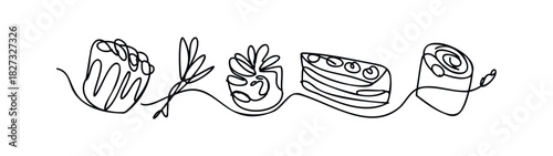 Continuous line drawing of sweet pastries and flowers, perfect for bakery promotions and culinary graphics, symbolizing delicious treats and celebrations.