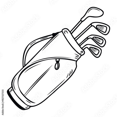Outline drawing of a golf bag filled with golf clubs, suitable for sports equipment use, graphic assets, and hobby themes.