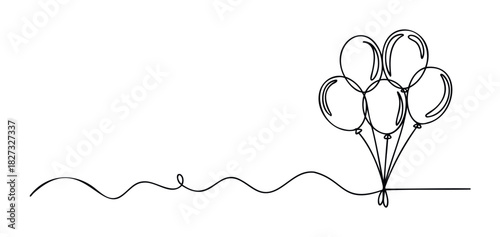 Continuous line drawing of a bunch of balloons floating with trailing strings, perfect for celebration and party themes in graphic projects.