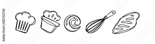 Set of line drawings depicting baking tools and pastries like a cupcake, whisk, and bread, perfect for food blogs or culinary advertisements.