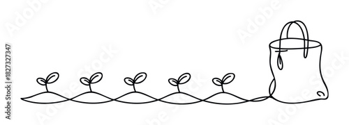Simple line drawing of growing seedlings connected by a line to a tote bag, symbolizing environmental sustainability and organic products for promotional use.