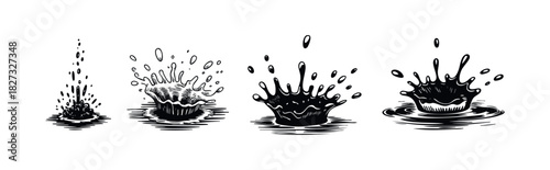 Sequence of liquid splashes in different stages, representing dynamic water movement and fluid impact, perfect for motion graphics and liquid effect visualizations.