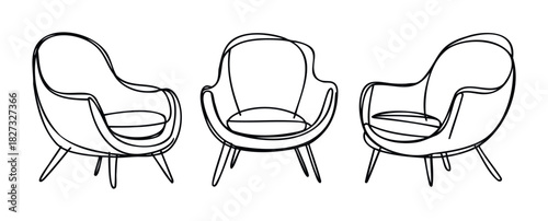 Three minimalist line drawing armchairs arranged in a row, perfect for interior decoration inspiration or modern furniture advertising featuring simple, comfortable seating options.