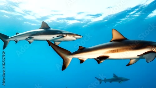 Wallpaper Mural Captivating Underwater Scene: Sharks Gracefully Swimming in the Azure Depths, Sunlight Filtering Torontodigital.ca