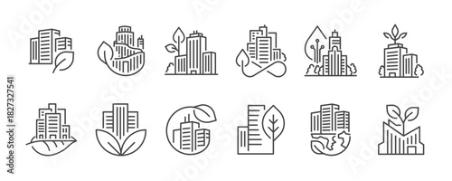 Green city icon set. It includes green building, building, urban, eco friendly, modern, and more icons. Editable Vector Stroke.