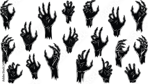 Set of scary zombie and monster hand silhouettes reaching and clawing isolated on white background vector illustration