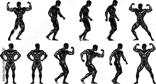 Set of strong muscular bodybuilder silhouettes showing defined muscles while posing and flexing isolated on white background vector illustration