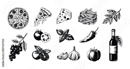 A curated collection of hand drawn Italian food and ingredients including pizza, pasta, cheese, tomatoes, basil, garlic, grapes and wine for culinary concepts and food service promotions.