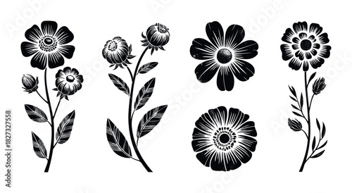 Black linocut style flower and bud collection for botanical graphic design projects and nature themed invitations and stationery.