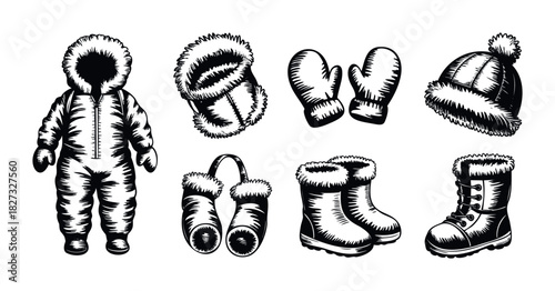 Collection of black and white winter clothing essentials including a snowsuit, mittens, hat, and boots for cold weather activities and seasonal warmth, perfect for use in advertisements and
