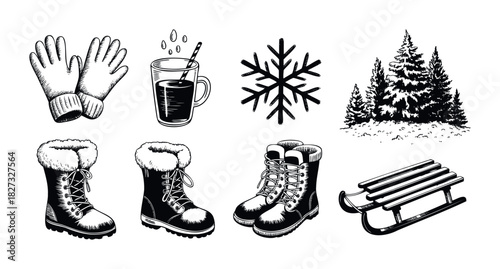 Winter clothing and accessories including gloves, boots, hot drink, snowflake, pine trees, and sled for seasonal promotions and winter activity themes.