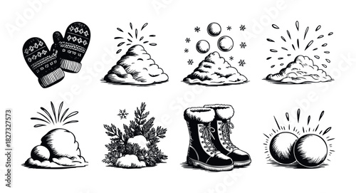 Collection of winterthemed black and white icons featuring mittens, snowballs, boots, and festive elements for seasonal use