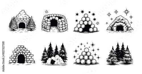 Collection of winter shelters and coniferous trees in a stylized engraving style for seasonal use in holiday graphics and winterthemed media.