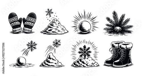 Handdrawn winter icons featuring mittens, snowballs, snowflakes, fir branches, and boots for seasonal use in marketing and design projects.