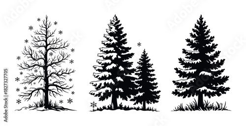 Collection of winter forest scenes featuring a bare tree with falling snowflakes and evergreen trees covered in snow, perfect for seasonal promotions and holiday greeting themes.