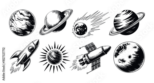 Collection of hand drawn space objects including planets, rockets, sun, and moon, perfect for science and exploration themes, offering a vintage aesthetic for various applications.