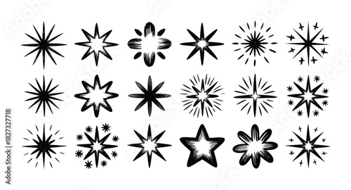 Collection of black starburst shapes and spark symbols with hand drawn sketchy texture for celestial, festive, and celebration graphics.