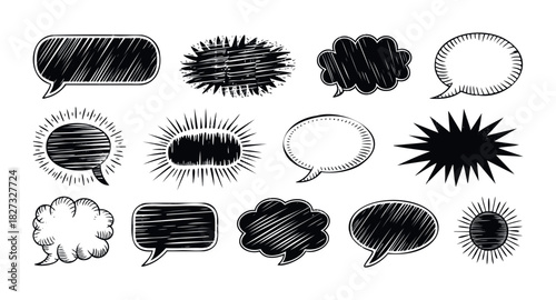 Collection of comic book style speech bubbles with sketch texture for conveying thoughts and dialogue in graphic novels and presentations