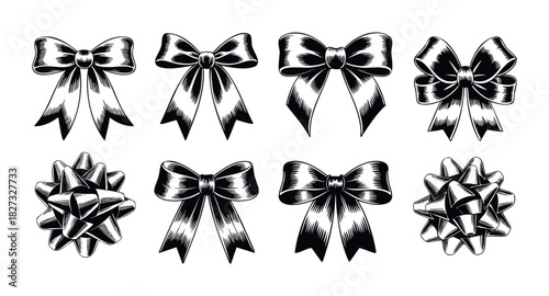 Collection of detailed black and white bows and gift wraps, perfect for adding decorative accents to holiday promotions, crafting projects, and celebratory packaging.