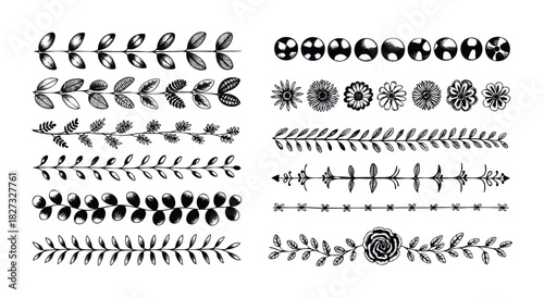 Hand drawn botanical borders and floral dividers in black ink for decorative embellishments and graphic accents.