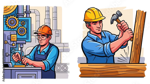 Industrial Worker Illustration Set – Colorful Black Outline Factory Operator and Construction Laborer Art