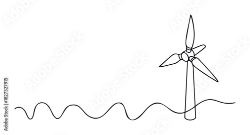 Minimalist wind turbine drawing on wavy ground representing renewable energy and sustainable power generation for environmental projects