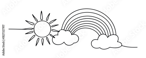 Simple line drawing of a sun with rays shining over clouds and a rainbow, perfect for childrens books, weather themes, or optimistic concepts.