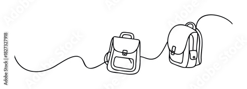 Minimalist line drawings depict two backpacks connected by a flowing string, perfect for travel, school, or adventure themes.