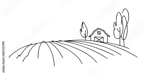 Simple line drawing of a barn and trees in a rolling field, perfect for farm websites, rural themes, or agricultural concepts.